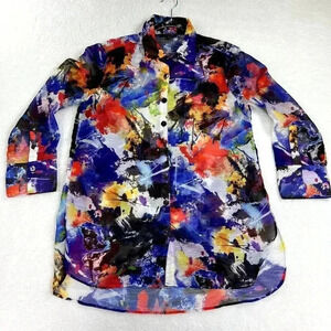 JOHN MARK MIXED PRINT BLUE BUTTON FRONT LONG SHEER TUNIC BLOUSE TOP SIZE SMALL